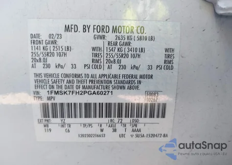 2023 Ford Explorer Limited из США, поврежденный, VIN 1FMSK7FH2PGA60271